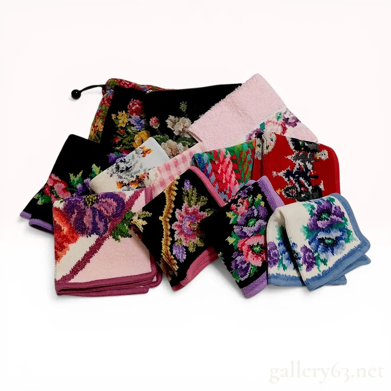 A Collection of Feiler Chenille Cotton Floral Handkerchiefs and Pouch from auction in Atlanta, Georgia