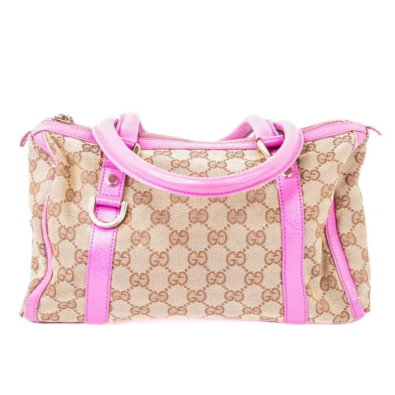 Gucci GG Canvas 130942 Handbag Brown Canvas Pink Leather Trim from auction in Atlanta, Georgia