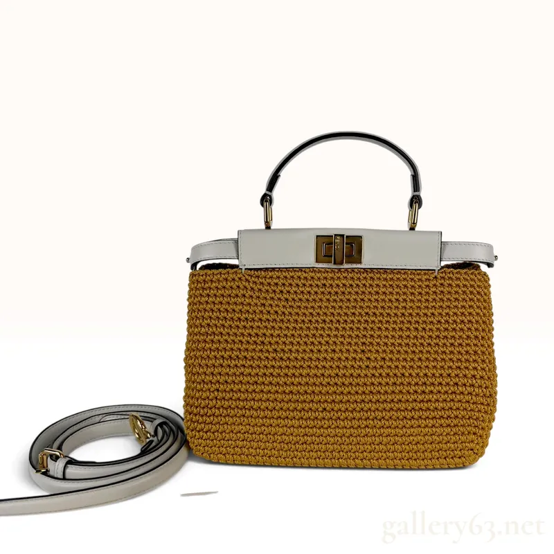 Fendi Peekaboo Iconic Essentially Mustard Woven Raffia and White Leather Handbag with Shoulder Strap from auction in Atlanta, Georgia