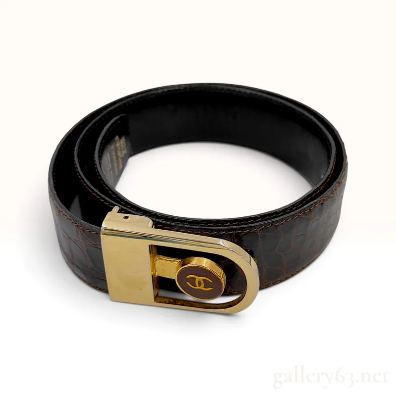 Vintage Chanel Brown Crocodile and Black Leather Reversible Belt 34"/85cm from auction in Atlanta, Georgia