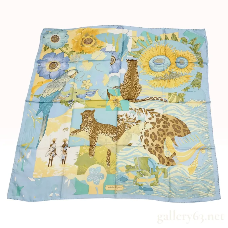 Vintage Salvatore Ferragamo Wildlife Collage Print Blue Silk Scarf 90 cm with Box from auction in Atlanta, Georgia