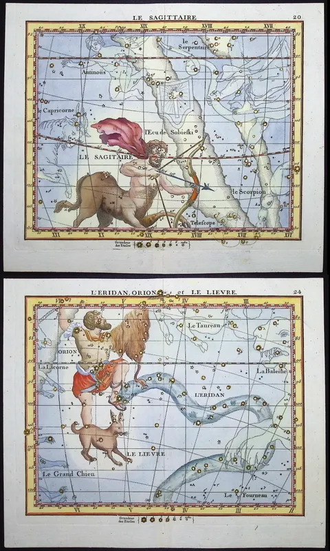 Flamsteed - Pair of Constellation or Celestial Charts of Sagittarius & Rabbit, Orion, Eridanus from auction in Franklin, Tennessee