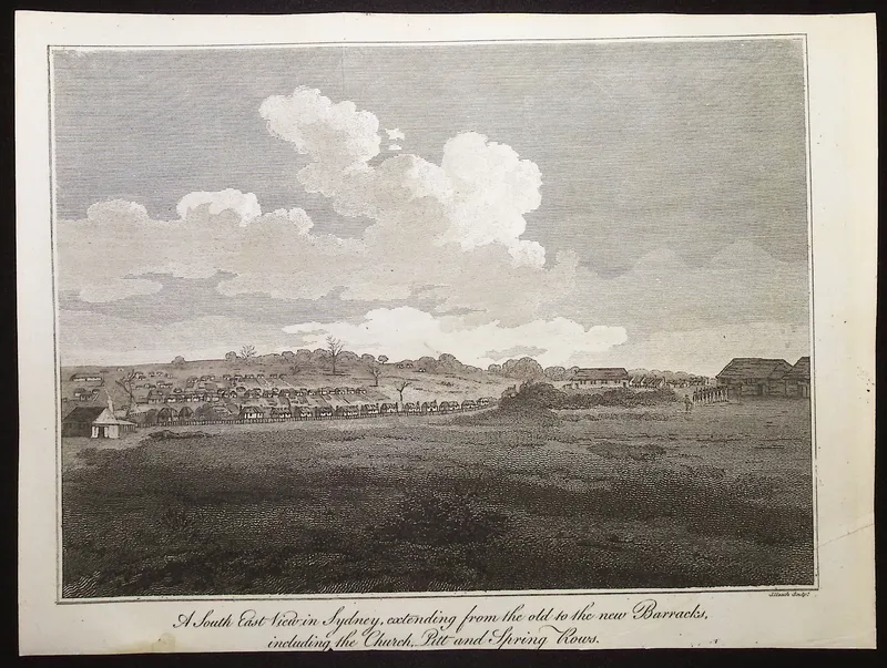 Collins, Australia - Australia (New Holland): A South East View in Sydney, extending from the old to the new Barracks, including the Church Pitt and Spring Rows from auction in Franklin, Tennessee