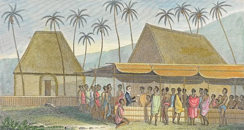 Ellis, Hawaii - A Missionary Preaching to the Natives, under a Skreen of platted Cocoa-nut leaves at Kairua [Sandwich Islands] from auction in Franklin, Tennessee
