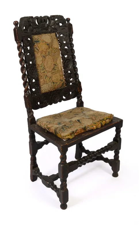 17TH CENTURY ENGLISH CARVED SIDE CHAIR. from auction in Freeport, Maine