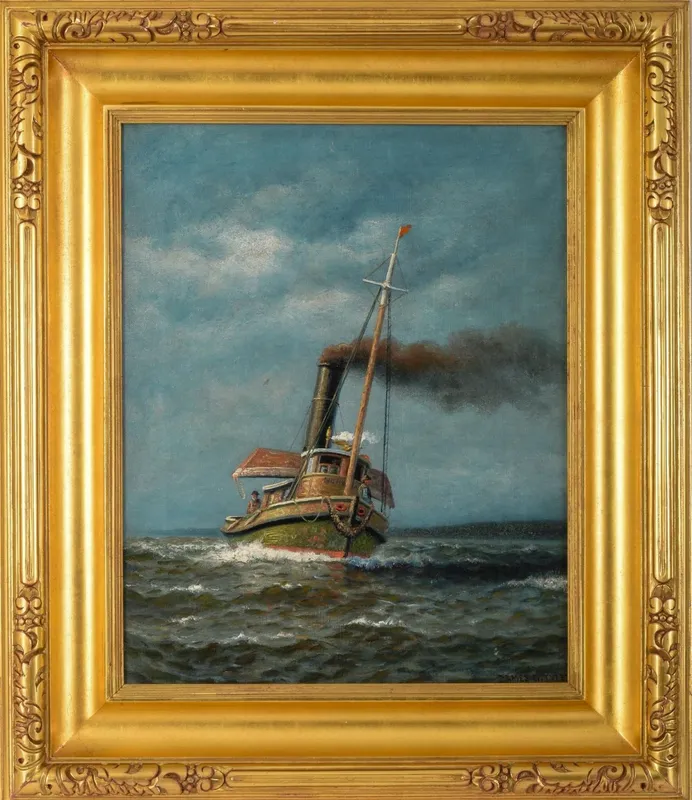 JAMES GALE TYLER (1855 - 1931). TUGBOAT WITH DORY. from auction in Freeport, Maine