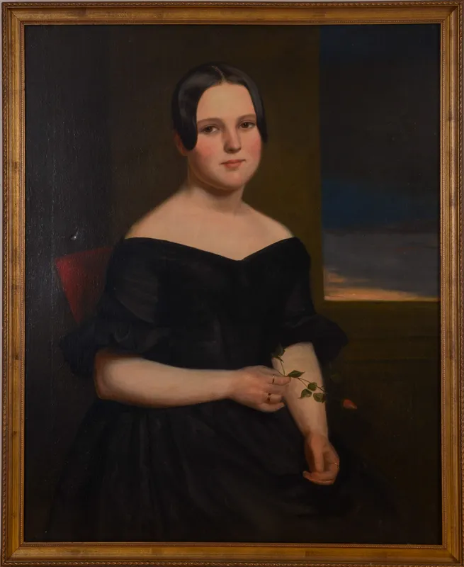 19TH CENTURY AMERICAN SCHOOL FOLK ART PORTRAIT OF A WOMAN. from auction in Freeport, Maine