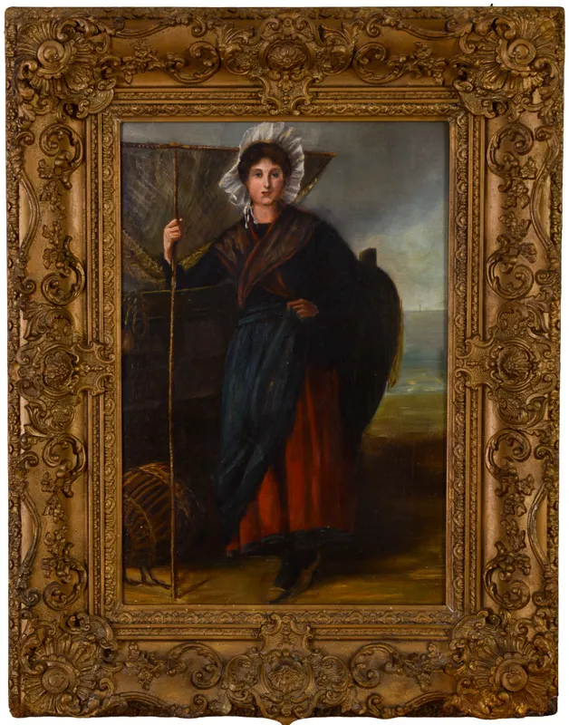 19TH CENTURY PORTRAIT OF A WOMAN BY THE SEASHORE. from auction in Freeport, Maine