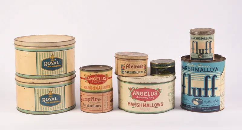 Nine Vintage Marshmallow Tins. from auction in Freeport, Maine