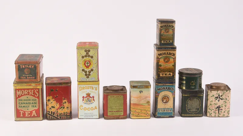 Thirteen Vintage Tea and Cocoa Tins. from auction in Freeport, Maine