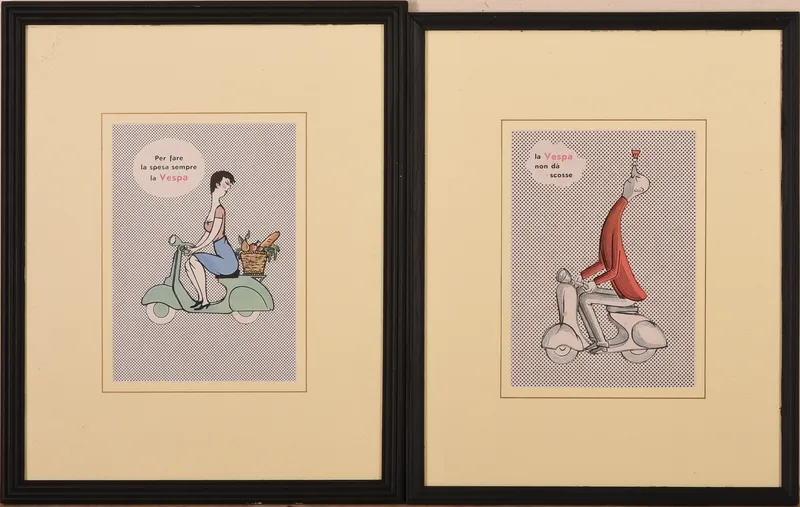 TWO VINTAGE VESPA ADVERTISEMENTS. from auction in Freeport, Maine