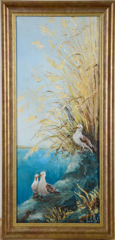 MID CENTURY PAINTING OF SEAGULLS. from auction in Freeport, Maine