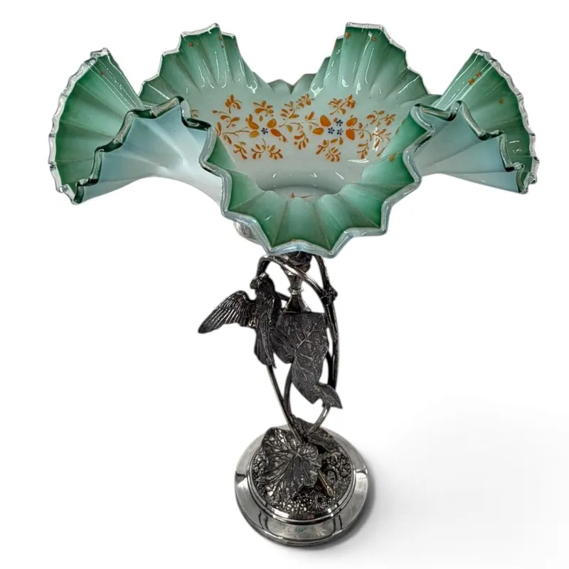 Meriden Britannia Bird Glass Brides Basket from auction in Aberdeen, Mississippi