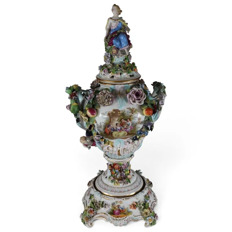 Large Carl Thieme Dresden Figural Covered Urn from auction in Aberdeen, Mississippi