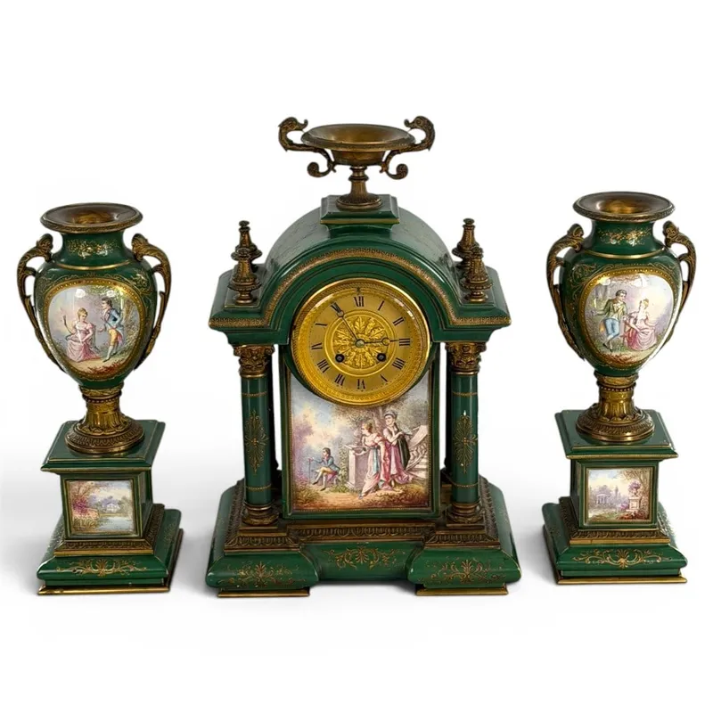 French Green Sevres-Style Clock Garniture from auction in Aberdeen, Mississippi