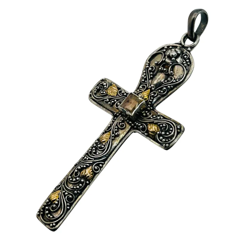 Sterling Citrine Decorative Cross Pendant from auction in Ravenna, Ohio
