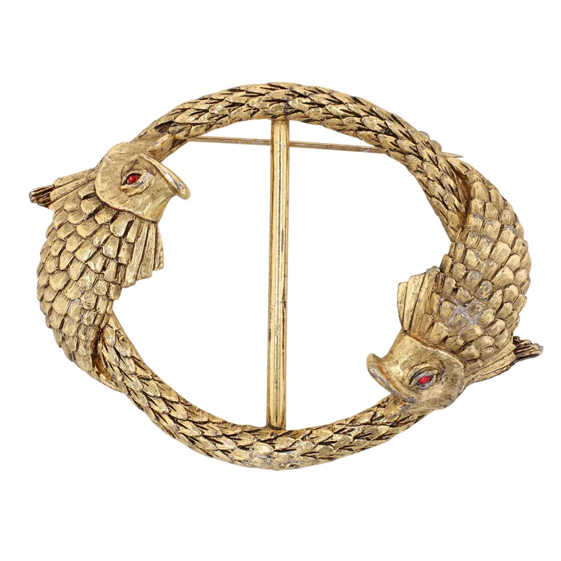 Gold Tone Rhinestone Double Koi Fish Scarf Brooch from auction in Ravenna, Ohio