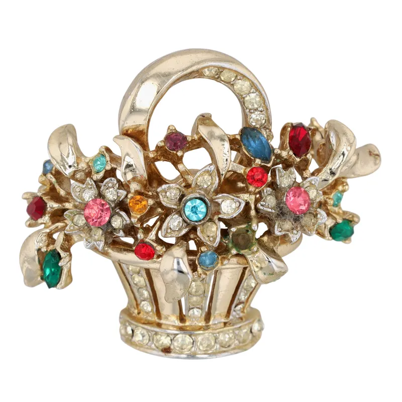 Coro Vintage Gold Tone Rhinestone Floral Basket Brooch from auction in Ravenna, Ohio
