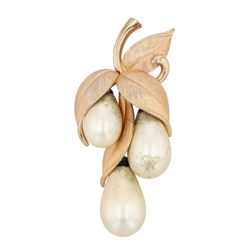 Marvella Gold Tone Faux Pearl Teardrop Leaf Brooch from auction in Ravenna, Ohio