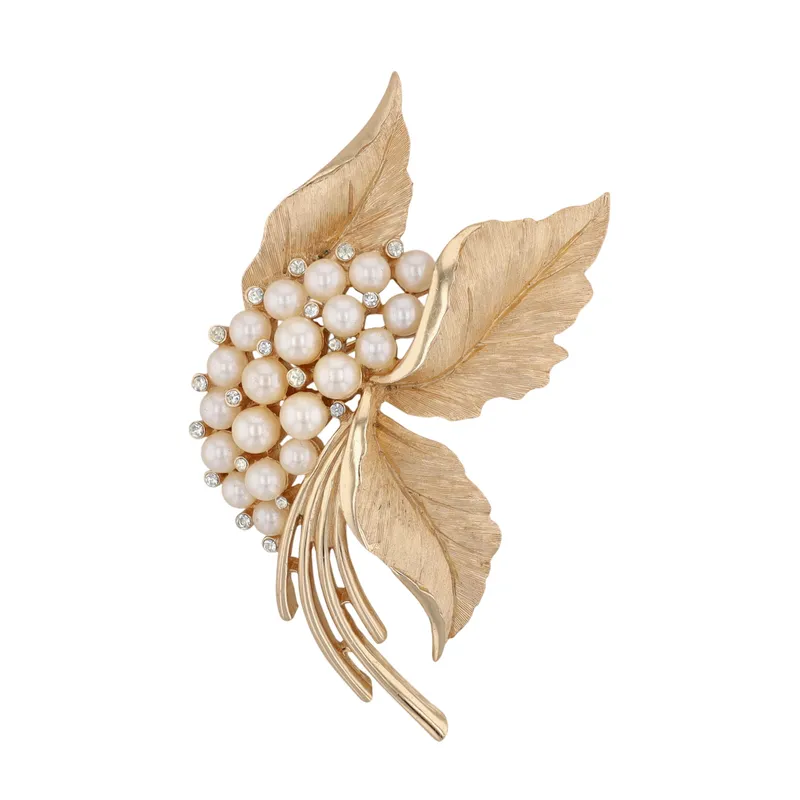 Trifari Gold Tone Faux Pearl Rhinestone Leaf Brooch from auction in Ravenna, Ohio