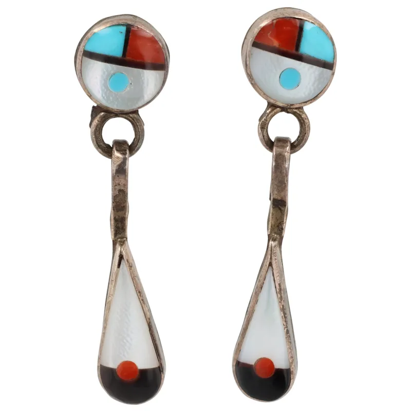 Vintage Zuni Sterling Multi-Stone Inlay Sunface Earrings from auction in Ravenna, Ohio
