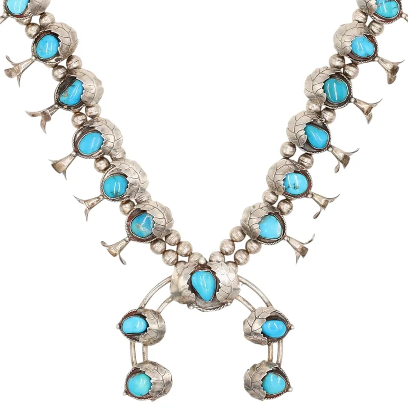 Vintage Navajo Sterling Turquoise Squash Blossom Necklace from auction in Ravenna, Ohio