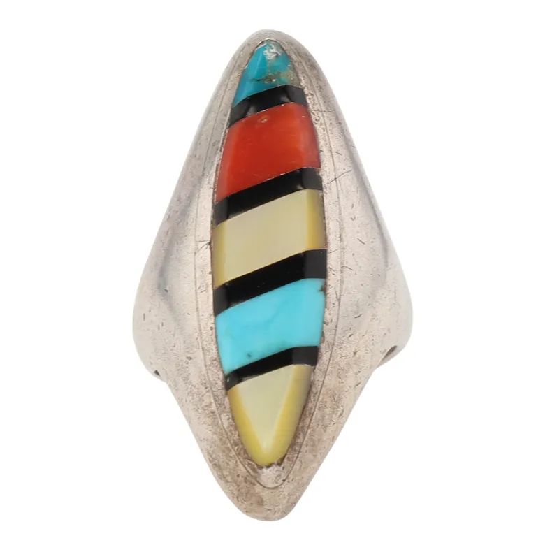 Vintage Zuni Sterling Multistone Inlay Ring Sz 6 from auction in Ravenna, Ohio