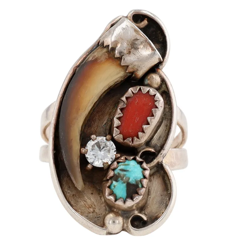 Navajo Sterling Turquoise Coral Claw Ring Sz 7.5 from auction in Ravenna, Ohio