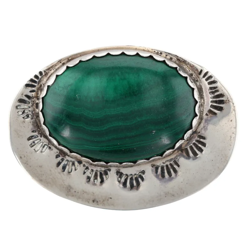 Signed Navajo Sterling Malachite Stamped Brooch from auction in Ravenna, Ohio