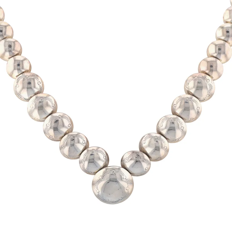 Navajo Sterling Stamped Pillow Bead Necklace from auction in Ravenna, Ohio