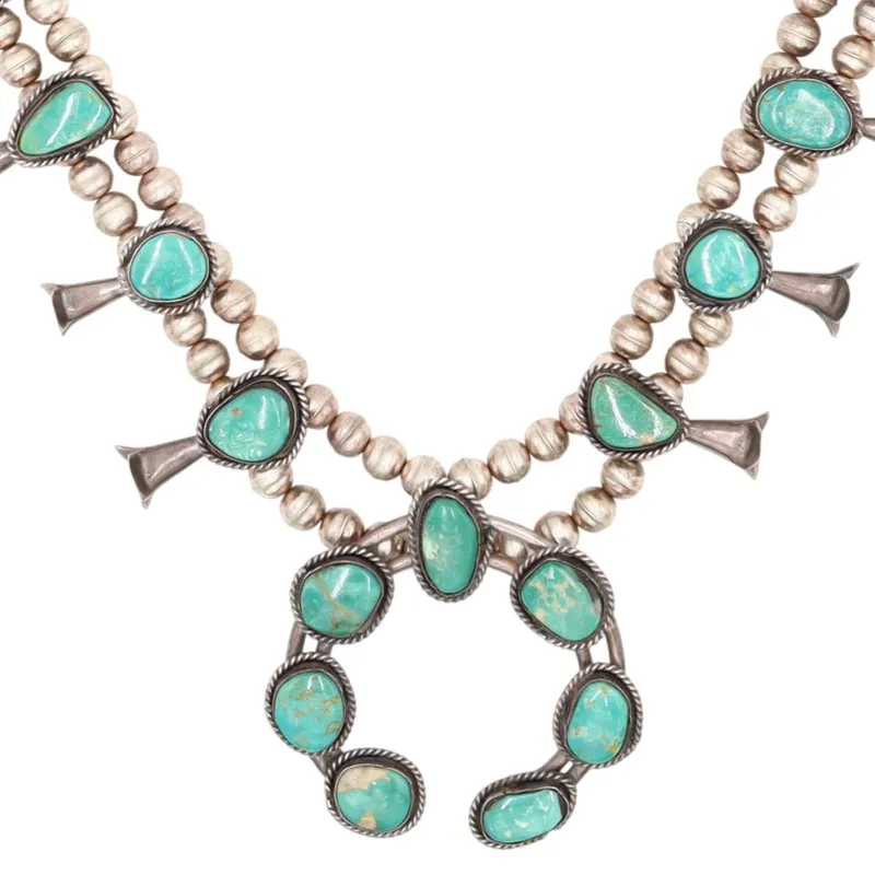 Vintage Navajo Sterling Turquoise Squash Blossom Necklace from auction in Ravenna, Ohio