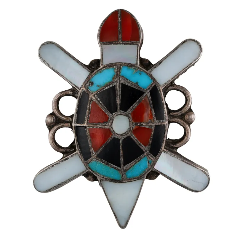 Vintage Zuni Sterling Multi-Stone Inlay Turtle Brooch from auction in Ravenna, Ohio