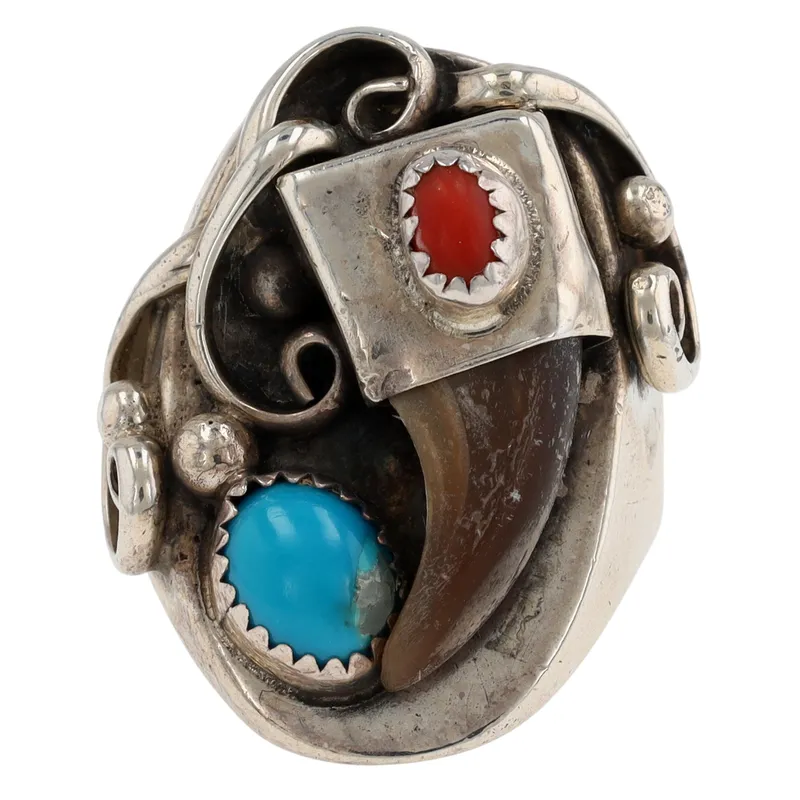 Vintage Navajo Sterling Turquoise Coral Claw Ring Sz 8.5 from auction in Ravenna, Ohio