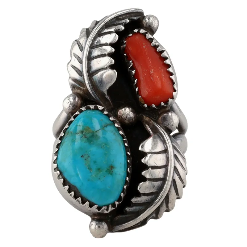 Vintage Navajo Sterling Turquoise Coral Ring Sz 6 from auction in Ravenna, Ohio