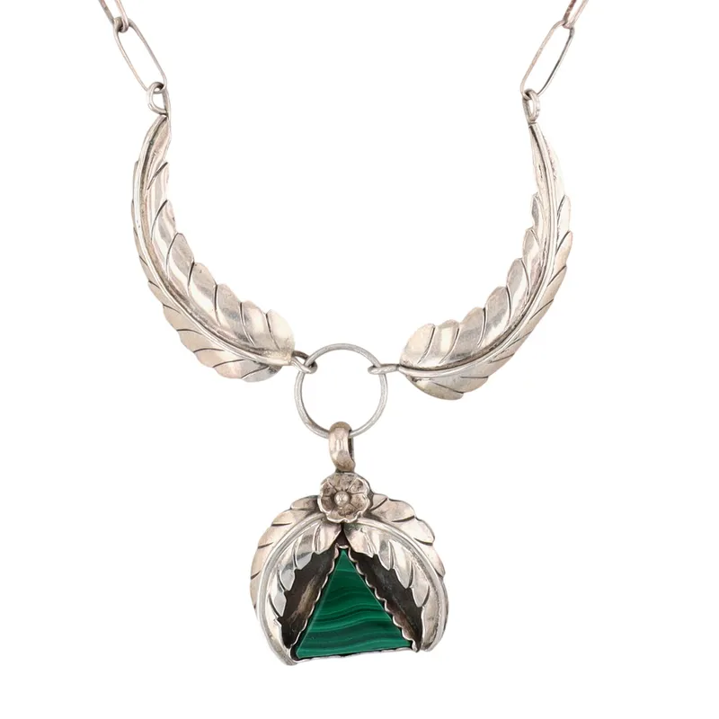 Russell Toledo Navajo Sterling Malachite Feather Necklace from auction in Ravenna, Ohio