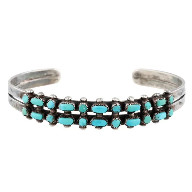 Vintage Zuni Sterling Double Row Turquoise Cuff Bracelet from auction in Ravenna, Ohio