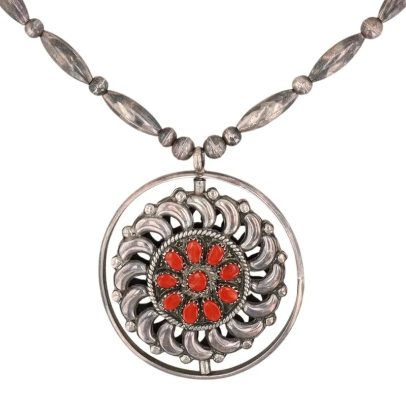 Vintage Fred & Elsie Lonconsello Zuni Sterling Reversible Turquoise Coral Spinner Necklace from auction in Ravenna, Ohio