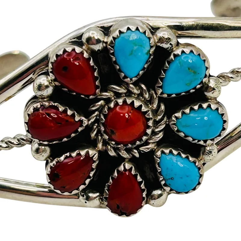 Darlene Begay Navajo Sterling Turquoise Coral Cuff from auction in Ravenna, Ohio