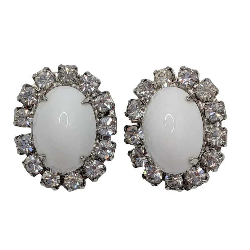 Weiss Silver Tone White Rhinestone Oval Halo Earrings from auction in Ravenna, Ohio
