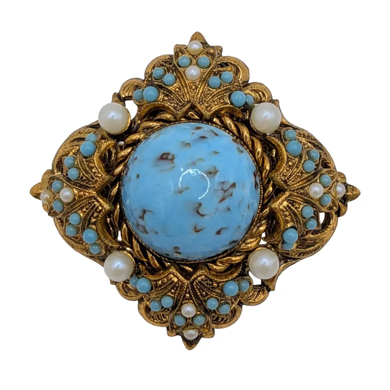 West German Gold Tone Faux Turquoise Faux Pearl Brooch from auction in Ravenna, Ohio