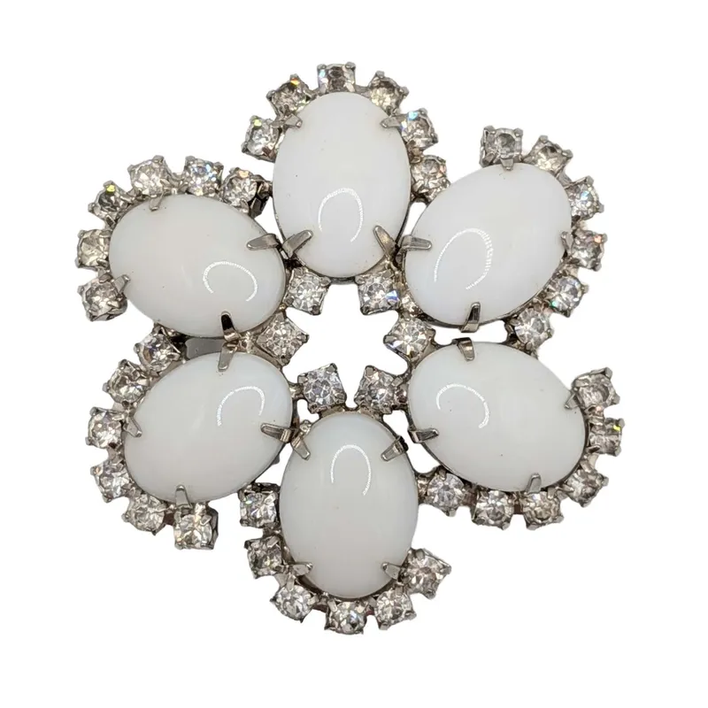 Weiss Silver Tone White Rhinestone Halo Flower Brooch from auction in Ravenna, Ohio