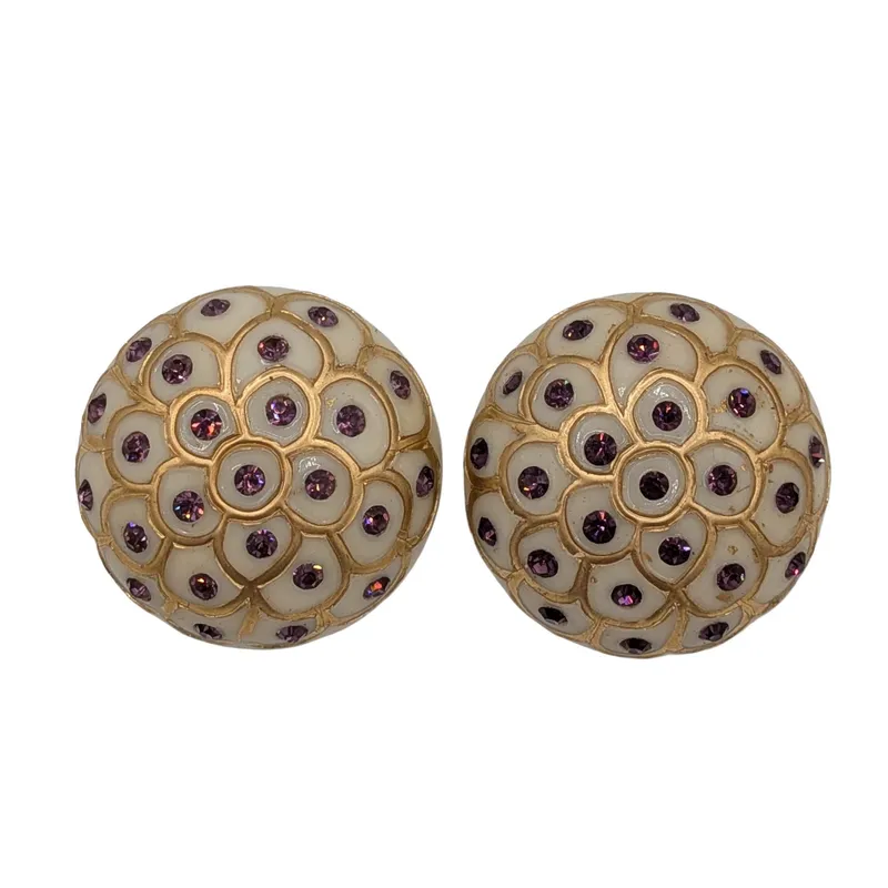 Silver Tone White Resin Purple Rhinestone Dome Earrings from auction in Ravenna, Ohio