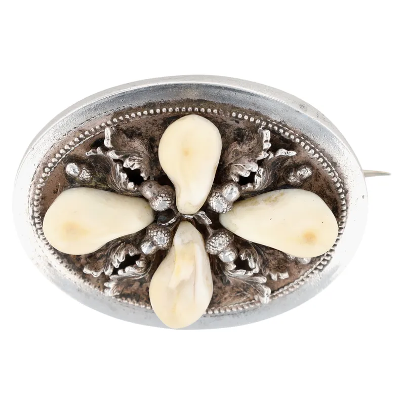 Signed Antique European 800 Silver Moose Tooth Oak Leaf Acorn Brooch from auction in Ravenna, Ohio