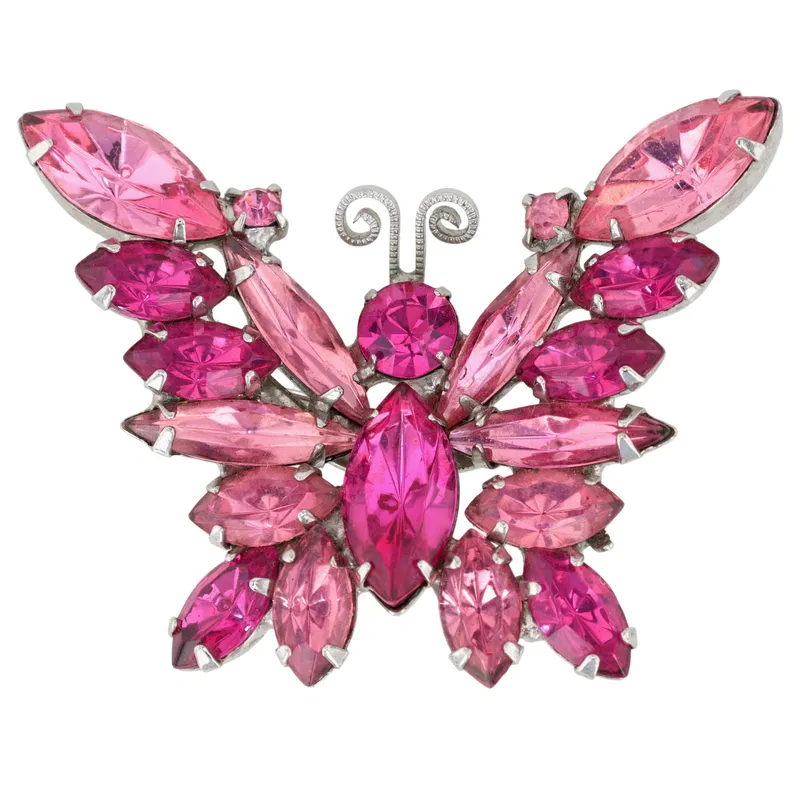 Juliana D&E Silver Tone Pink Rhinestone Butterfly Brooch from auction in Ravenna, Ohio