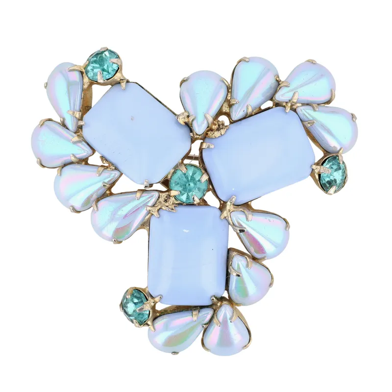 Juliana D&E Gold Tone Blue Poured Glass Rhinestone Three Point Brooch from auction in Ravenna, Ohio