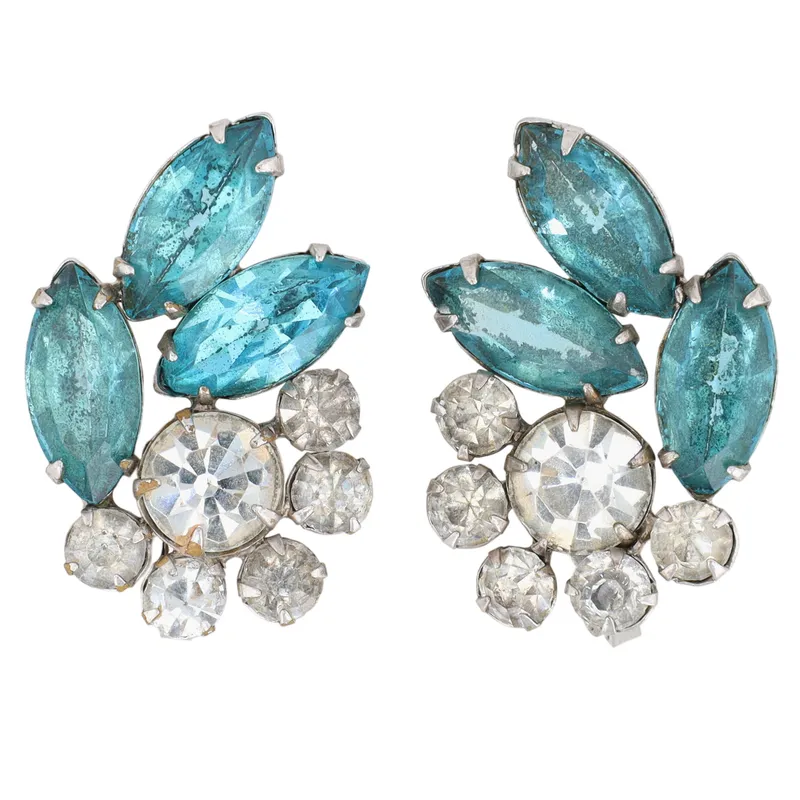 Juliana D&E Silver Tone Blue White Rhinestone Cluster Earrings from auction in Ravenna, Ohio