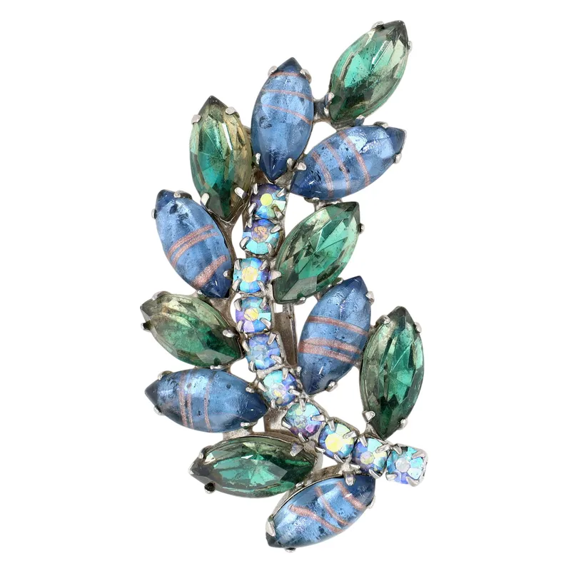 Juliana D&E Silver Tone Poured Glass Rhinestone Iridescent Feather Brooch from auction in Ravenna, Ohio