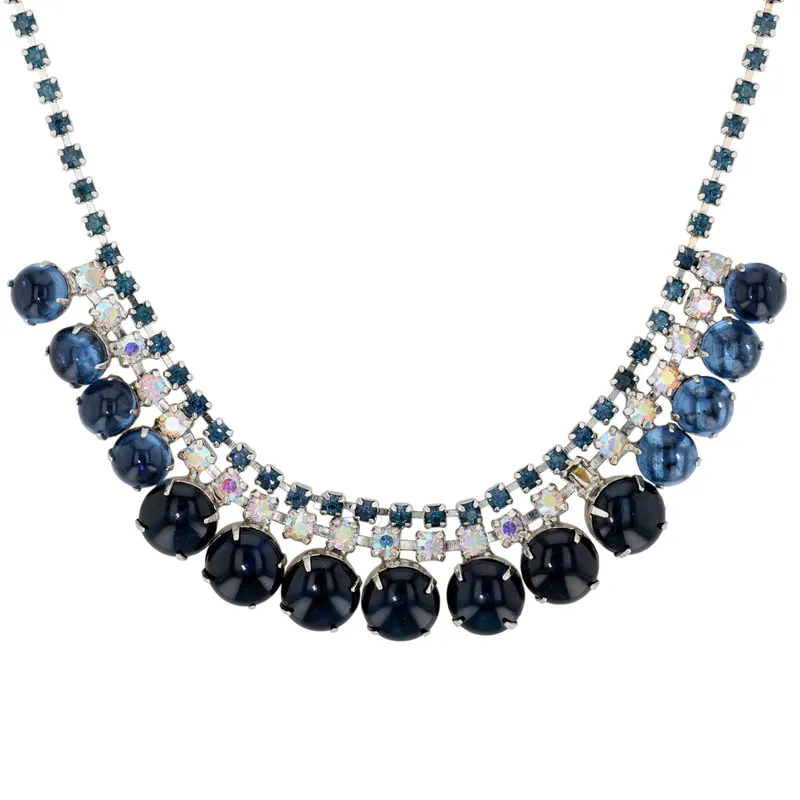 Juliana D&E Silver Tone Sapphire Blue Poured Glass Rhinestone Bib Necklace from auction in Ravenna, Ohio