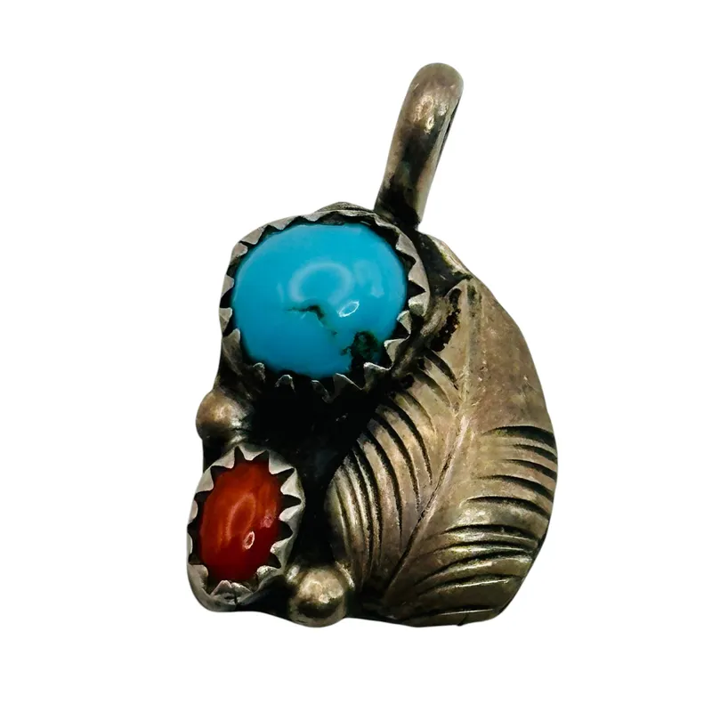 Navajo Vintage Sterling Turquoise Coral Pendant from auction in Ravenna, Ohio
