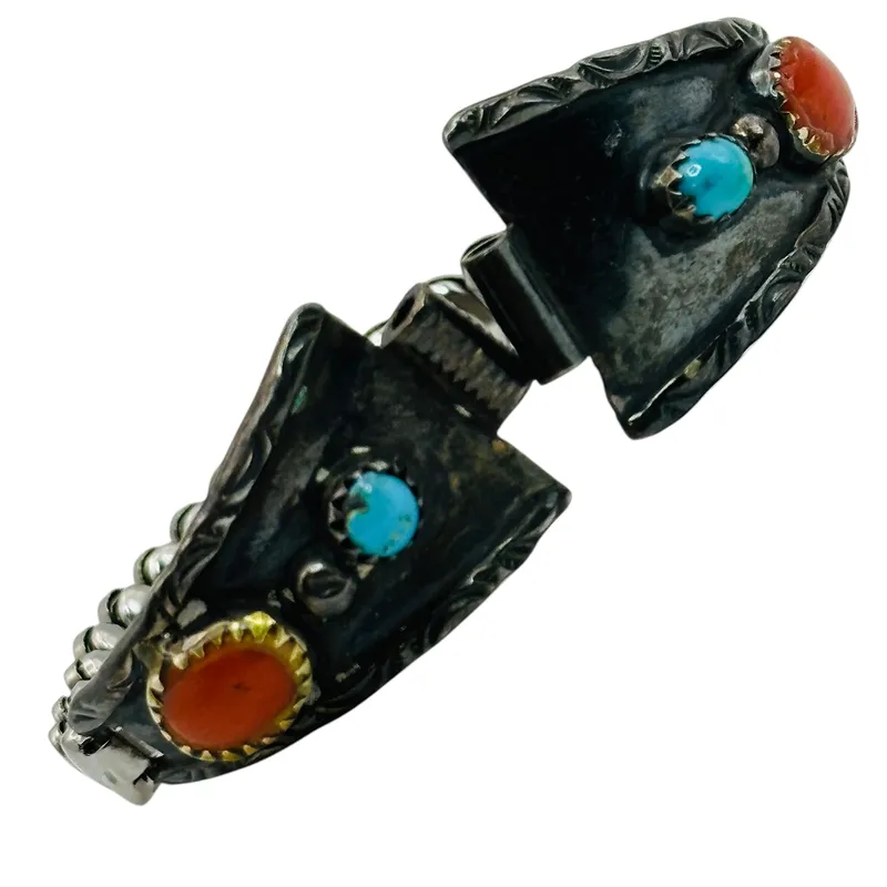 Phillip White Navajo Sterling Coral Turquoise Watch Band Tips from auction in Ravenna, Ohio